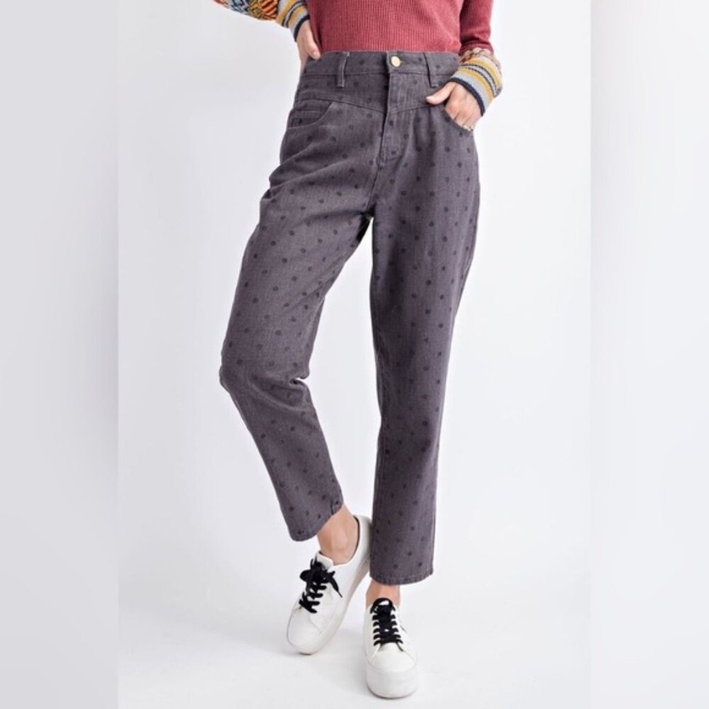 Easel Polka Dot Garment Dyed High Waisted Straight Leg Pants New Small Ash Black
